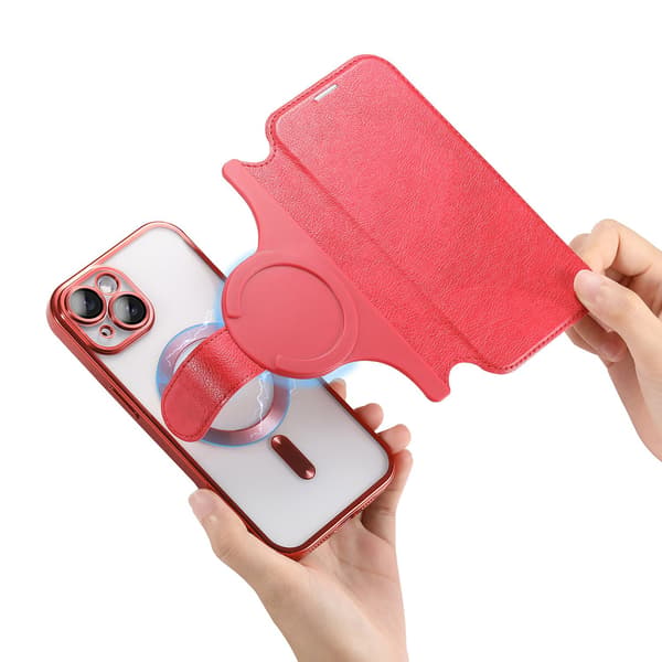 Kotelo iPhone 15 Pro Maxille, punainen, luova galvanointi, läppä, magneettinen linssisuoja