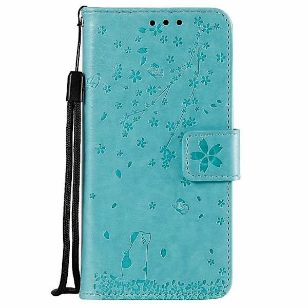 Etui til iPhone 14Promax grøn Sakura Kat 3D Præget Tegnebog med Kortholder Flip