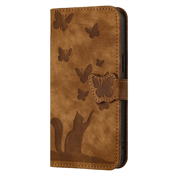 Etui til iPhone 14PLUS Brun-preget Sommerfugl Katt Skinn Etui Sommerfugl Katt 3D-preget Flip Lommebok med Kortholder