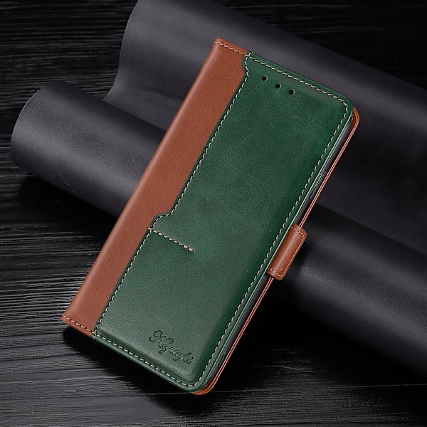 Etui til iPhone 15 Pro Lysebrun+grøn Flip stand