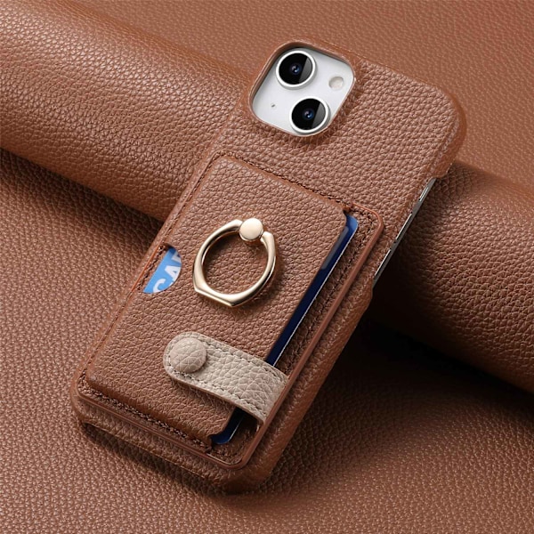 Fodral för iPhone 15 brun Enkel klassisk Pebbled Plånbok med korthållare Kreativ