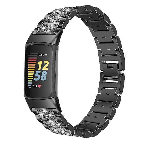Sort Sort Diamant Rustfrit Stål Urrem kompatibel med Fitbit Charge 5