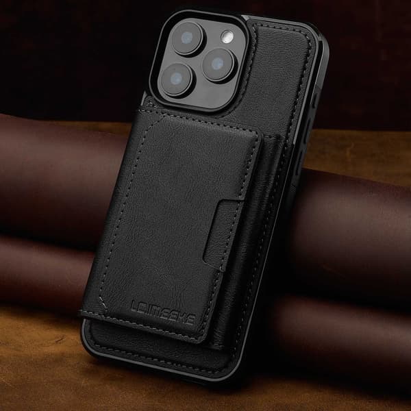 Etui til iPhone 16 Pro, sort, business, magnetisk kortholder, stativ, RFID-blokering