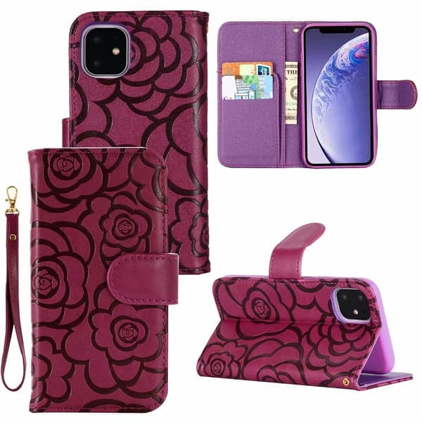 Etui til iPhone 13 mini Lilla Rose Præget Tegnebog med Kortholder Flip