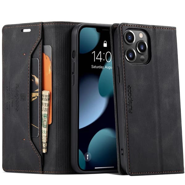 Etui til iPhone 15 Plus, sort, flip, magnetisk pung med kortholder