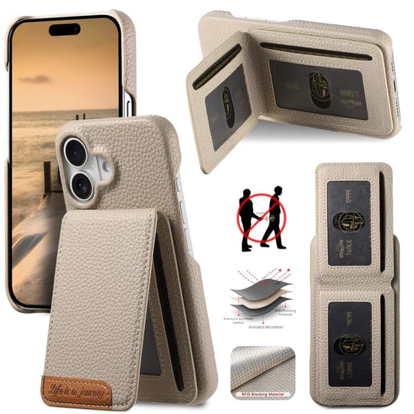 Etui til iPhone 15 Plus Khaki Pebbled Wallet med kortholder og stativ