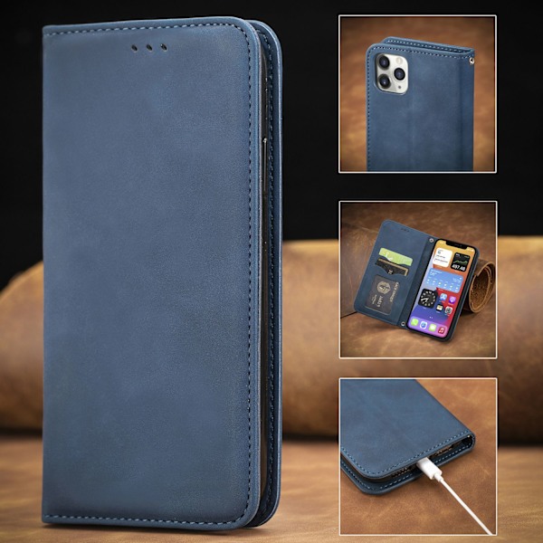 Etui til iPhone 13 Pro Max blå Flip Wallet med kortholder magnetisk