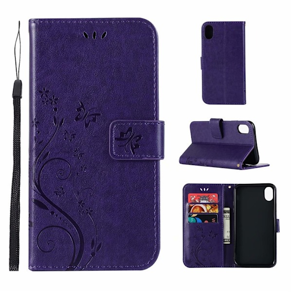 Fodral för iPhone 16 Pro Max Mörklila Plånbok med Korthållare Flip Fjäril 3D Präglad