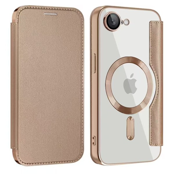 Kotelo iPhone 14plus -puhelimelle, aavikkokulta, magneettinen, galvanoidulla linssikalvolla, lompakko korttipidikkeellä, täyssuoja