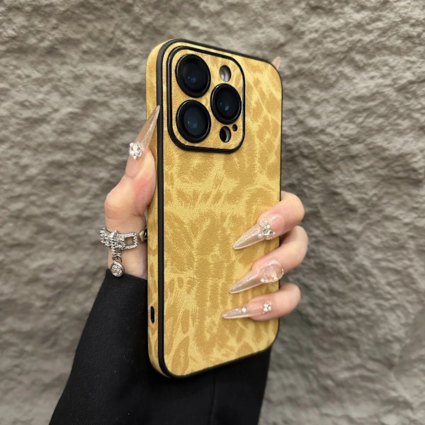 Fodral för iPhone 13 gul leopardmönstrad läderlinsfilm