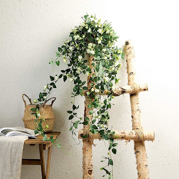 Kunstige hængeplanter med rosenblomster, 1,4 m guirlande falsk hængende blomster grøn kæde væg hjem værelse have White