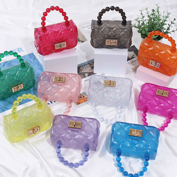 Små pigers mini jelly taske, slikfarvet, transparent lille crossbody taske, søde prinsessehåndtasker med perlehåndtag Transparency