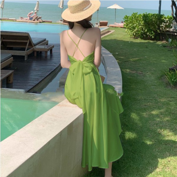 Sling Backless Dress Slimming Beach Dress Green S