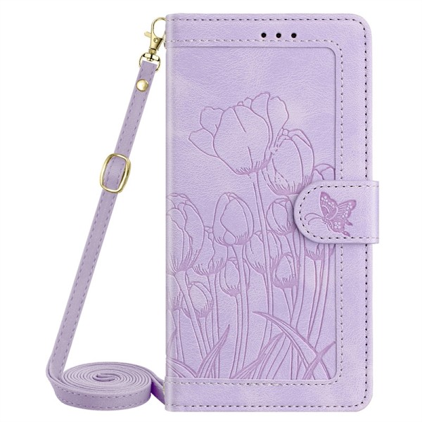 Fodral för iPhone 16Pro Lila-Tulpan Fjäril Läderfodral + Kort Rep i Samma Stil + Lång Snodd 3D Präglad Tulpan Flip Lång Rem