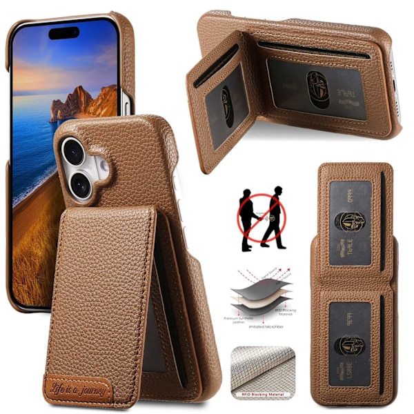 Etui til iPhone 15 Pro, brun Pebbled Wallet med kortholder og stativ