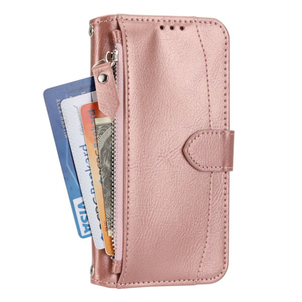 Kotelo iPhone 14 Pro:lle, ruusukultainen vetoketjullinen lompakko korttipidikkeellä ja crossbody-läpällä