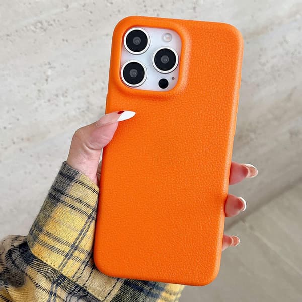Etui til iPhone 15PROMAX orange farve lædermønster klassisk almindelig