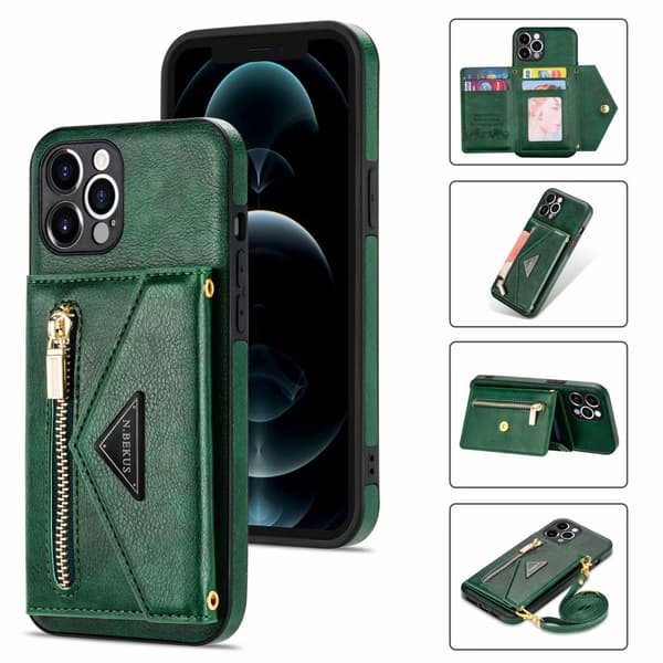 Etui til iPhone 14 Pro Max Mørkegrøn Lynlås Wallet med Kortholder