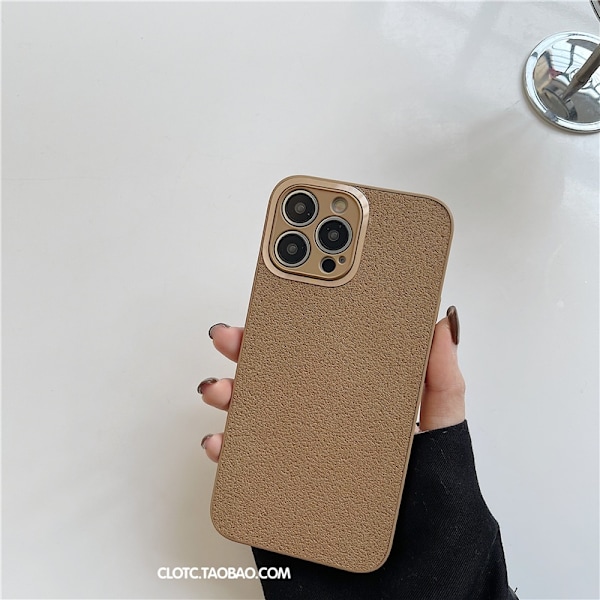 Etui til iPhone 14pro Metalring månemønster khaki enkelt skal Mørkebrunt måneformet læder med en trendy tekstur