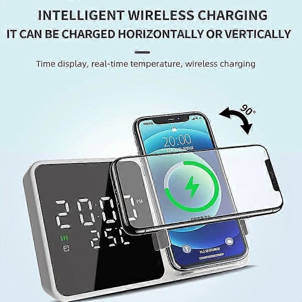 15W Trådlös Laddare & Väckarklocka För Iphone 15, Samsung Z Flip4 - Snabb Qi-Laddning, Temperaturvisning Black
