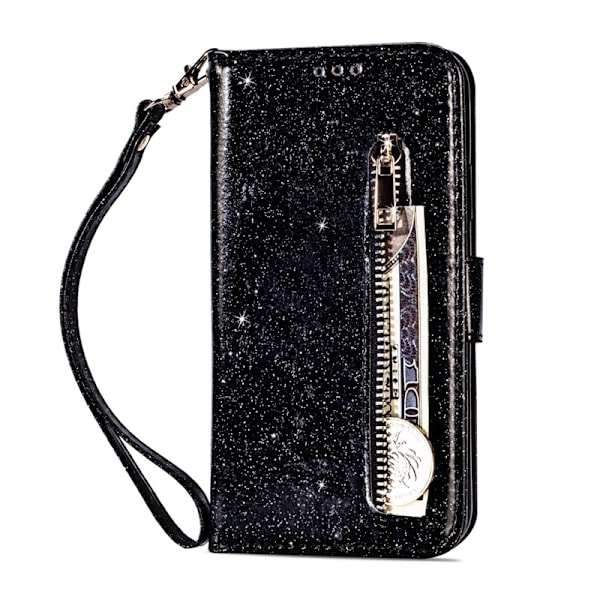Etui til iPhone 16 Sort Glitter Lynlås Læder Etui Mode glitter lynlås Flip Almindelig