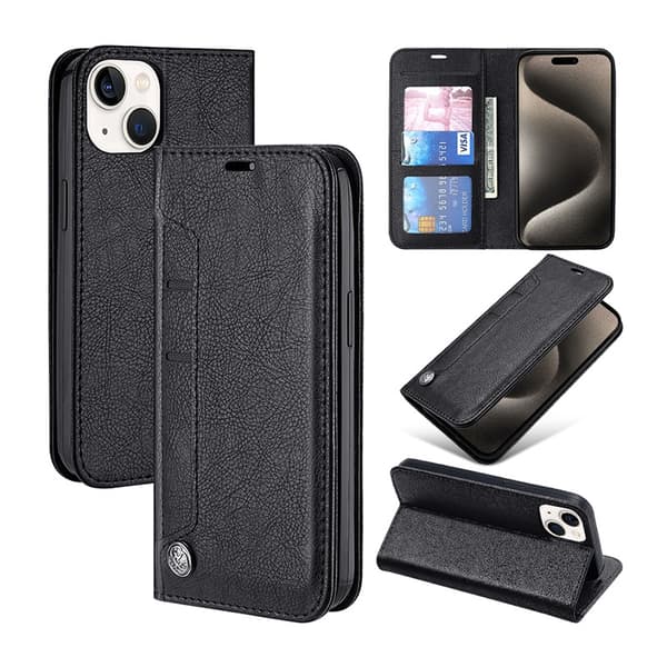 Etui til iPhone 14 Pro, sort Wallet med kortholder flip