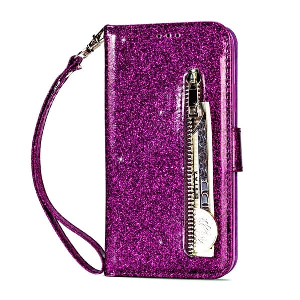 Etui til iPhone 14 Pro Max Lilla Glitter Lynlås Læder Etui Mode glitter lynlås Flip Almindelig