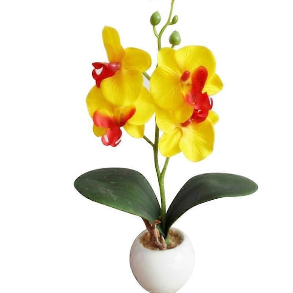 Kunstig Blomst Bonsai Orkidé Bonsai Kunstig Fargerik Sommerfugl Orkidé Blomsterpotte for Kontor Yellow