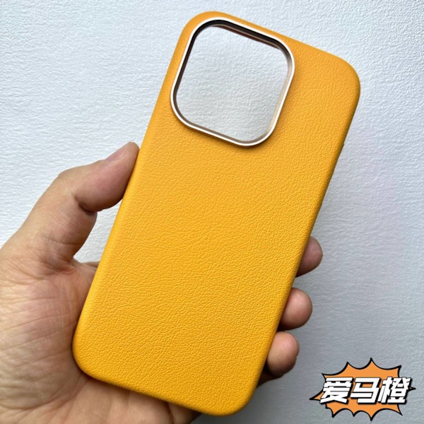 Etui til iPhone 14 Pro Max Gul orange [med magnetisk tiltrækning] Originalt læder Magnetisk læder
