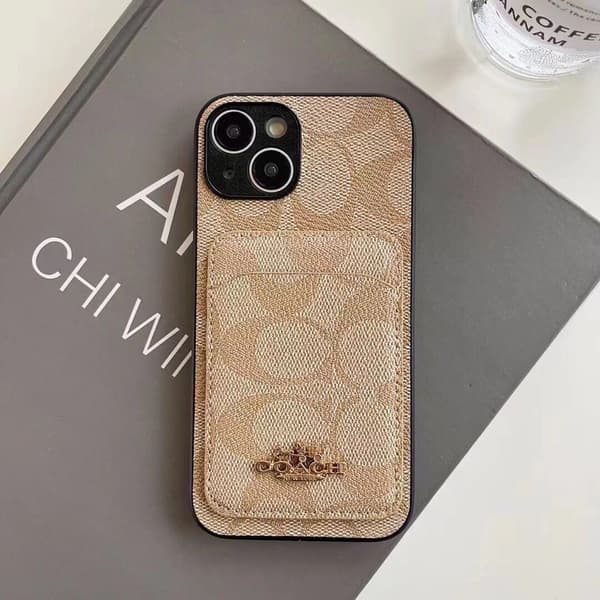 Fodral för iPhone 15ProMax Khaki lädertextur korthållare Lyx