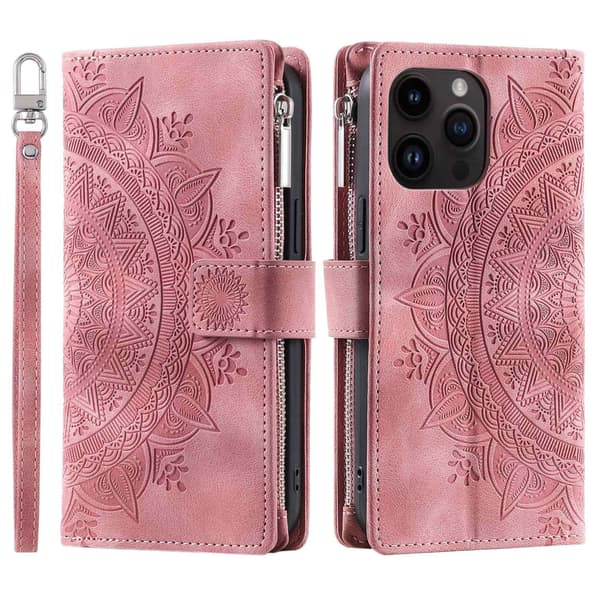 Etui til iPhone 14 Pro rosa Multi-kort glidelåspose Mandala 3D-preget lommebok med kortholder