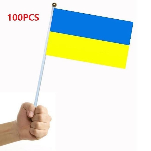 Ny 100 st Ukraina Stick Flagga, 14x21cm handhållen miniflagga med vit stång