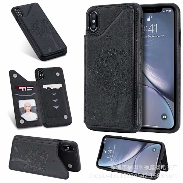 Etui til iPhone 13 Pro sort 3D Præget Kat og Træ Præget Wallet med Kortholder Flip