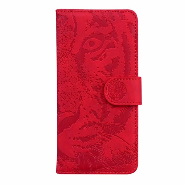 Etui til iPhone 14 Plus rød 3D Præget Tiger Soft-Touch Wallet med Kortholder Flip