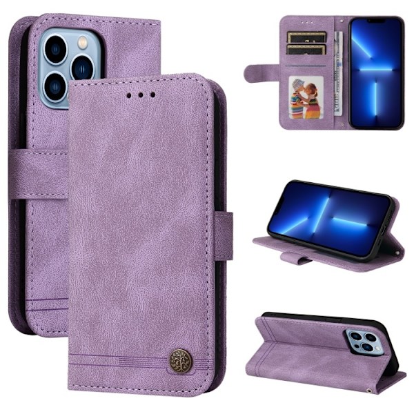 Etui til iPhone 14 PLUS Lilla Soft-Touch Livets Træ Retro Business Wallet med Kortholder