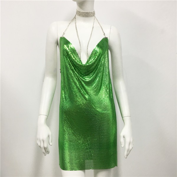 Metall paljetter klänning Sexig söt och kryddig stil klänning strass hängslen klänning för kvinnor Green M
