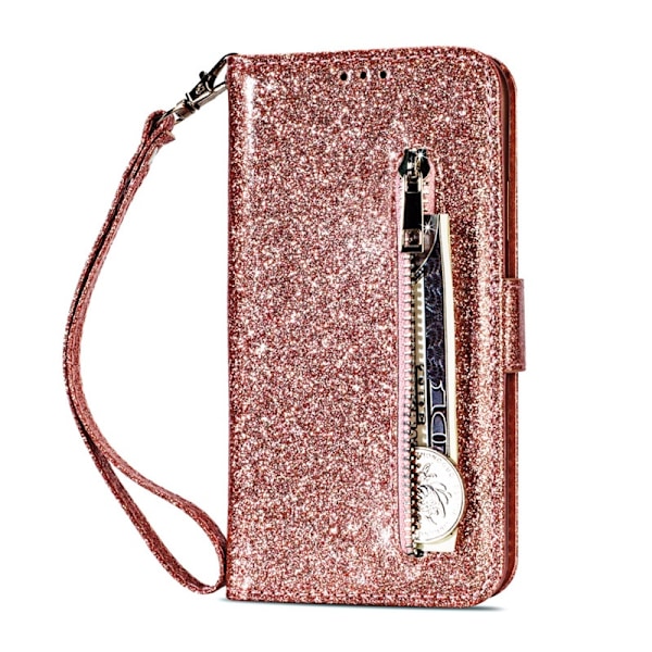 Etui til iPhone 15ProMax Rosaguld Glitter Lynlås Læder Etui Mode glitter lynlås Flip Almindelig