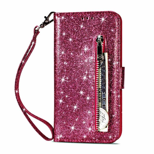 Etui til iPhone 13PRO MAX Rosarød glitter lynlåspung med kortholder
