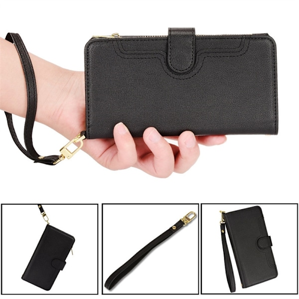 Etui til iPhone 15 Plus Sort + håndledsrem lynlås pung med kortholder flip