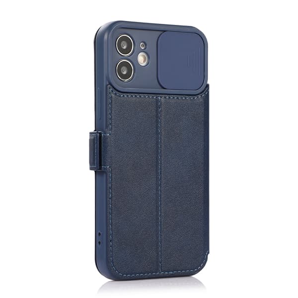 Etui til iPhone 15PLUS blå pung med kortholder, skydbart vindue, spejl, mode