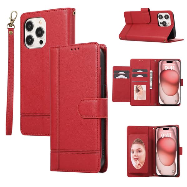 Etui til iPhone 16pro max rød Flip Wallet med kortholder Rusland