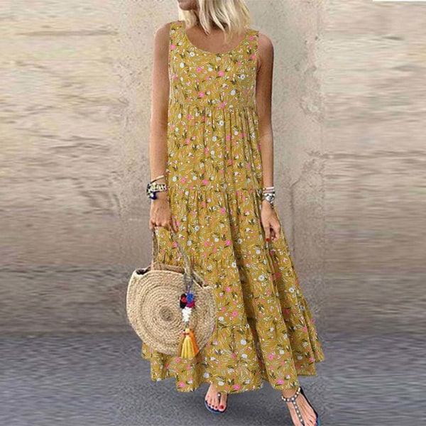 OL Temperament Bomull Linne rundhalsad Cake Dress Dress Floral-yellow-sleeveless XL