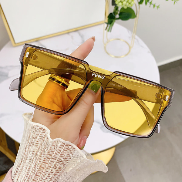 Endelade solglasögon med stor kant i koreansk stil fyrkantiga vindruta solglasögon Big Face Trendiga solglasögon Gray frame yellow sheet