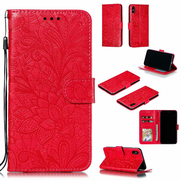 Etui til iPhone 13 rød Præget Blonde Blomst 3D Præget Flip Wallet med Kortholder