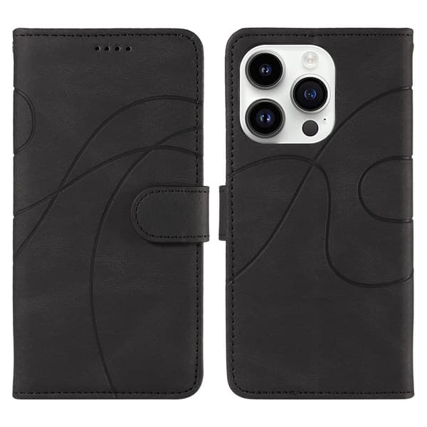 Etui til iPhone 14 Pro, sort flip-pung med kortholder og buet tryklinie