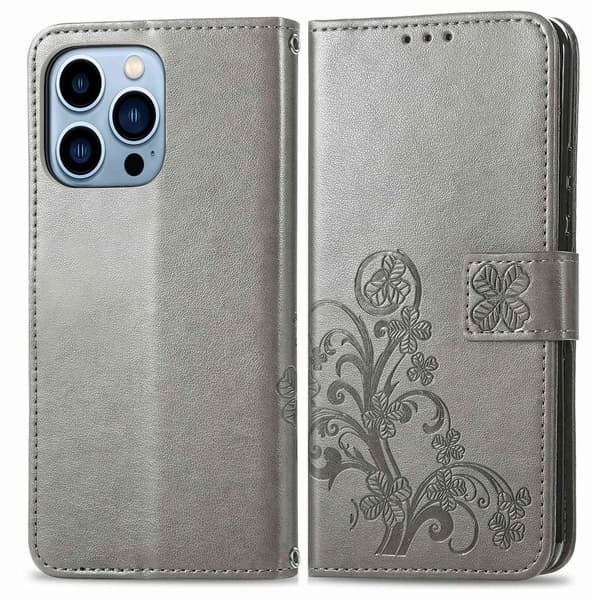 Etui til iPhone 15 Pro Max grå Firkløver 3D Præget Flip Wallet med Kortholder