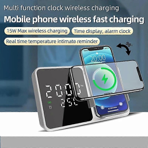 15W Trådlös Laddare & Väckarklocka För Iphone 15, Samsung Z Flip4 - Snabb Qi-Laddning, Temperaturvisning Black