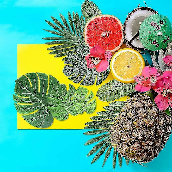 Sett med 60 kunstige tropiske palmeblader, Monstera-blader med stilker for safari eller tropisk fest