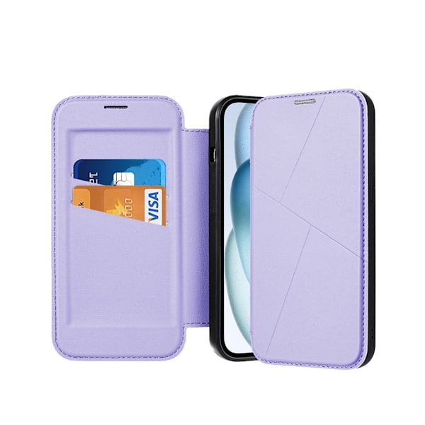 Kotelo iPhone 16 Plus 6.7\" puhelimelle, tyylikäs violetti lompakko korttipidikkeellä ja magneettisella läpällä
