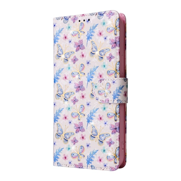 Etui til iPhone 15 Plus Sommerfugl Blomst Guldstemplet RFID-Blokerende Flip Farverigt Malet Tre Wallet med Kortholder